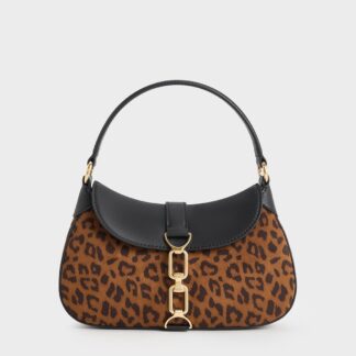 Charles & Keith - Agatha Leopard-Print Chain-Accent Hobo Bag