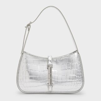 Charles & Keith - Cesia Croc-Effect Metallic-Accent Shoulder Bag