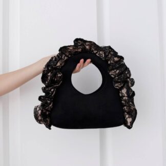 Belissh Women's Lace Ruffle Handle Velvet Handbag in Black