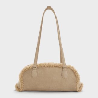 Charles & Keith - Nelly Recycled Suede & Faux Shearling Elongated Shoulder Bag