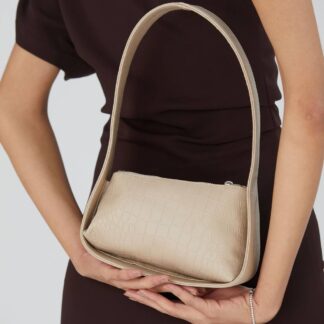 Belissh Women's Asymmetric Croc Baguette Bag in Beige