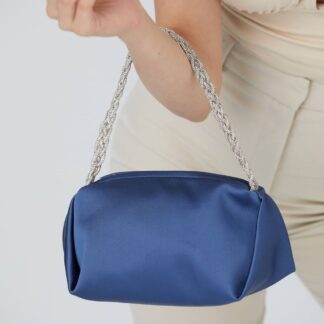 Belissh Women's Diamente Braided Handle Satin Evening Bag in Blue