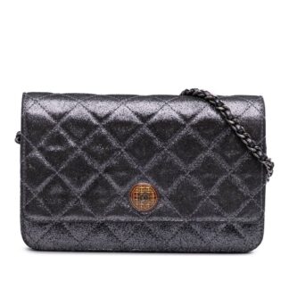 Chanel Women's Preloved Quilted Iridescent Lambskin Tartan Button Wallet On Chain in Silver
