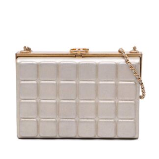Chanel Women's Preloved Chocolate Bar Metallic Lambskin Frame Clutch with Chain Bag in Gold