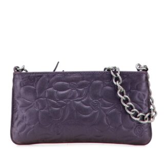 Chanel Women's Preloved Embossed Lambskin Camellia Chain Pochette Bag in Purple