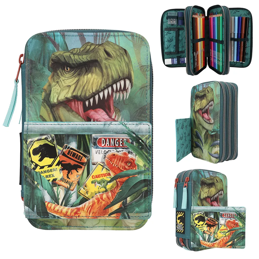Dino World Danger (0411757) Triple Pocket Pencil Case Green Man