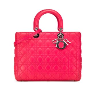 Dior Women's Preloved Large Lambskin Cannage Lady Bag in Pink
