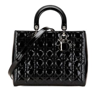 Dior Women's Preloved Large Patent Cannage Lady Bag in Black