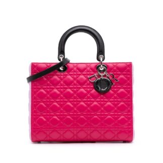 Dior Women's Preloved Large Tricolor Lambskin Cannage Lady Bag in Pink